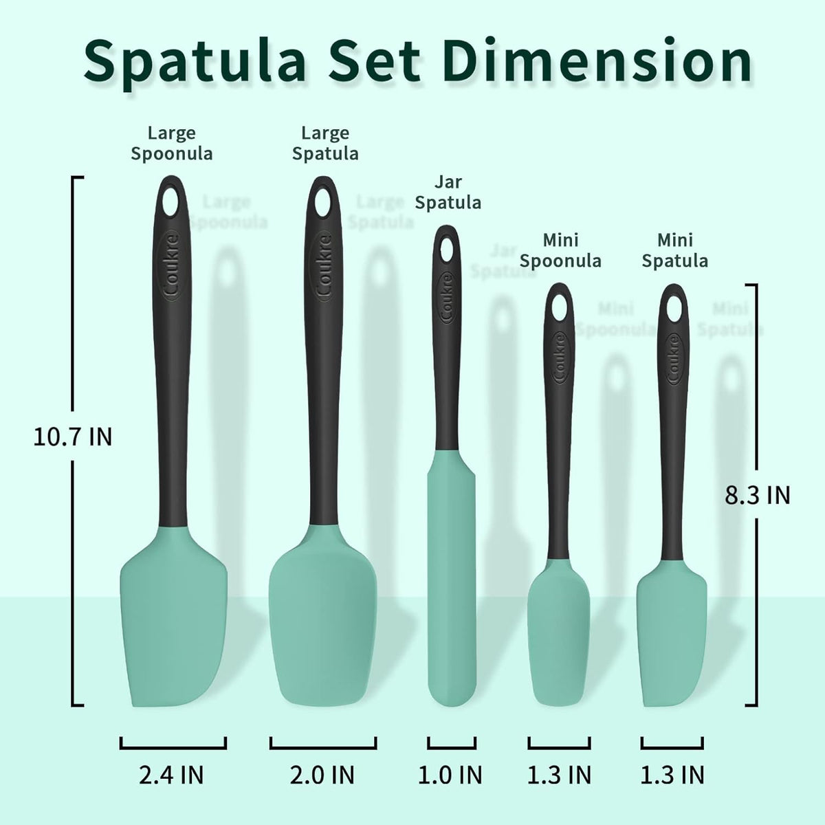Coukre Silicone Spatula Set of 5,High Temperature Resistant, Food Grade Silicone, Dishwasher Safe, for Baking, Cooking (Aqua Green Black, Split-type)