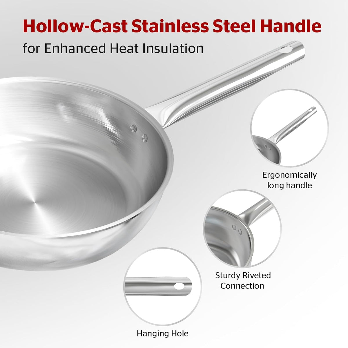 Sunhouse 18/10 11 Inch Stainless Steel Frying Pan, Whole-Clad No Coatings Skillet with Stay-cool Handle for Cooking, Durable & Oven Safe to 500°F, Dishwasher Safe, Compatible with All Cooktops