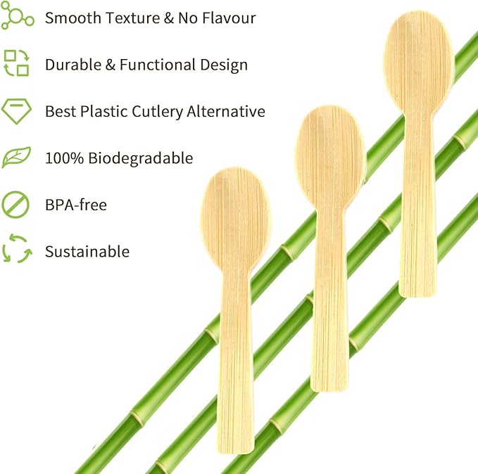 Bamboo Utensils | 200PK Mini-Bamboo Spoon 3.54" Disposable Small 100% Biodegradable Compostable Cutlery Set Eco Friendly Renewable Natural