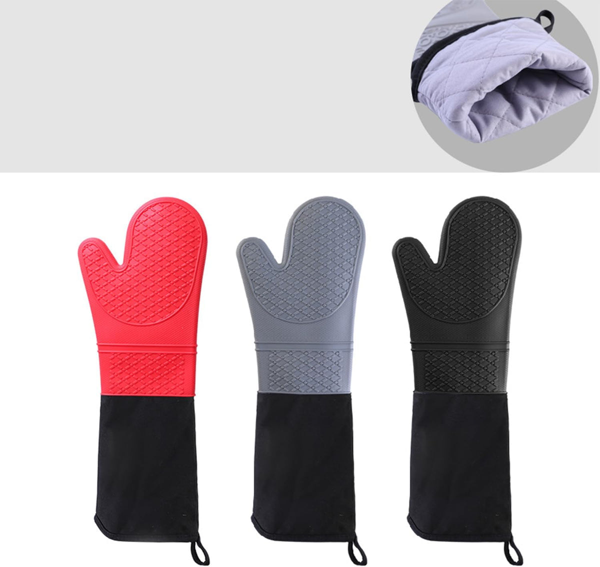 Extra Long 19.5",Silicone Oven Mitts Heavy Duty Commercial Grade Oven Mitts Heat Resistant BBQ Gloves with Quilted Cotton Lining 2 Pack (Gray)