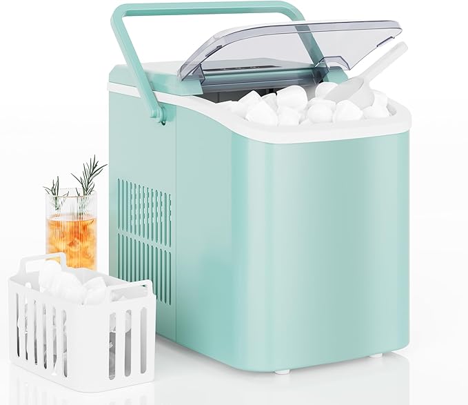 DUMOS Countertop Ice Maker with Handle, 26lbs/24H Portable Ice Machine, 9 Bullet Cubes Ready in 6 Mins, Self-Cleaning, Quiet Compact for Home, Kitchen, RV, Camping, Green