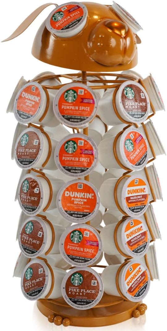 Made Easy Kit Carousel Coffee Pod Holder, Compatible with Keurig K-Pods K-Cups, Countertop Rack Storage Organizer, Metal Home and Kitchen Decor, Capsule Café Station Bar (Large, Brown Dog)