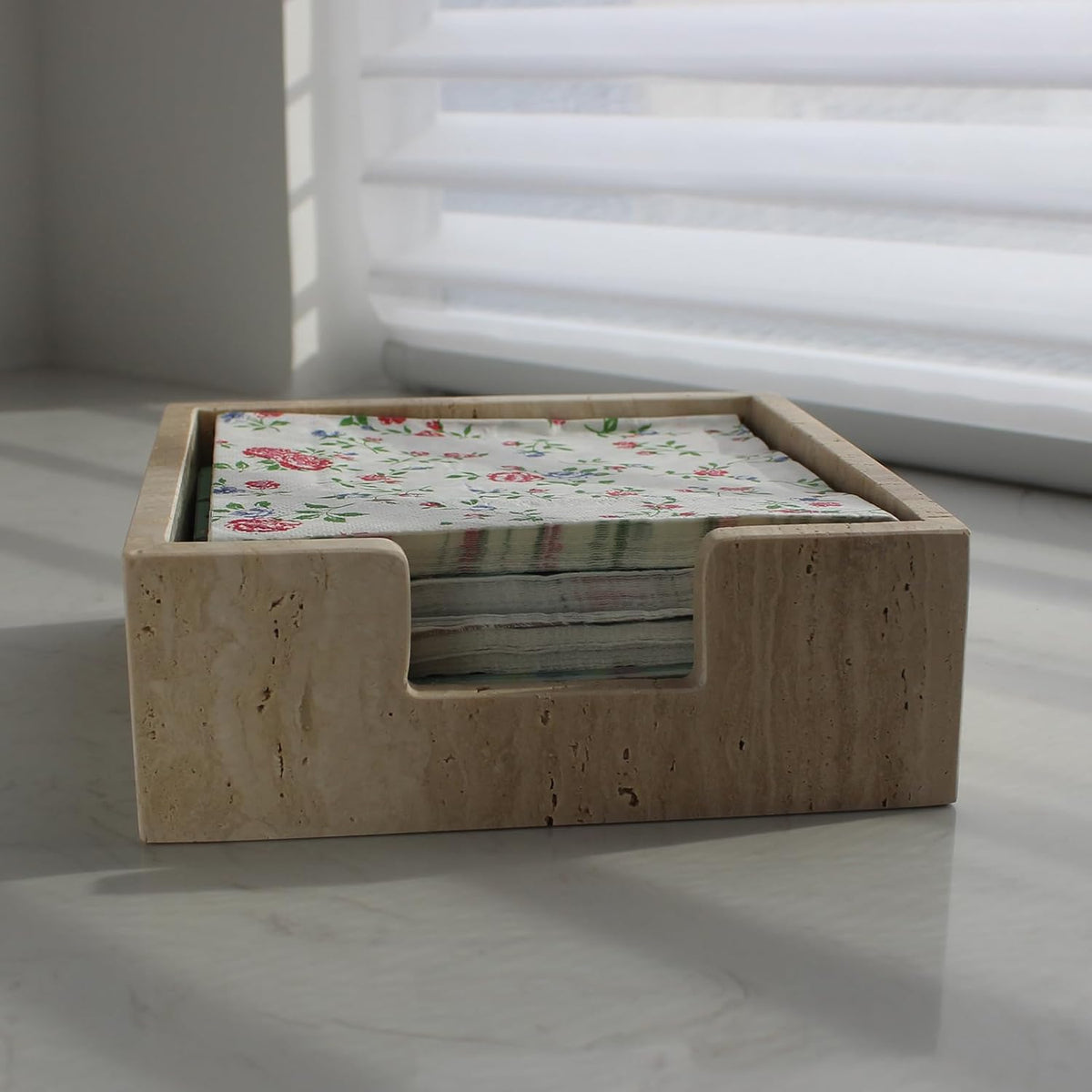 Travertine Luncheon Napkin Holder 7.5" x 7.5" x 2.76" for Table, Cocktail Napkin Tray for Restaurant/Kitchen