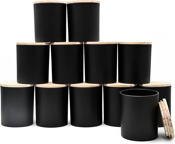 14 OZ Thick Candle Jars for Making Candles 12 Pcs, 3 Wick Empty Jars with Wood Lids for Candle Making, Sample Container,Matte Black