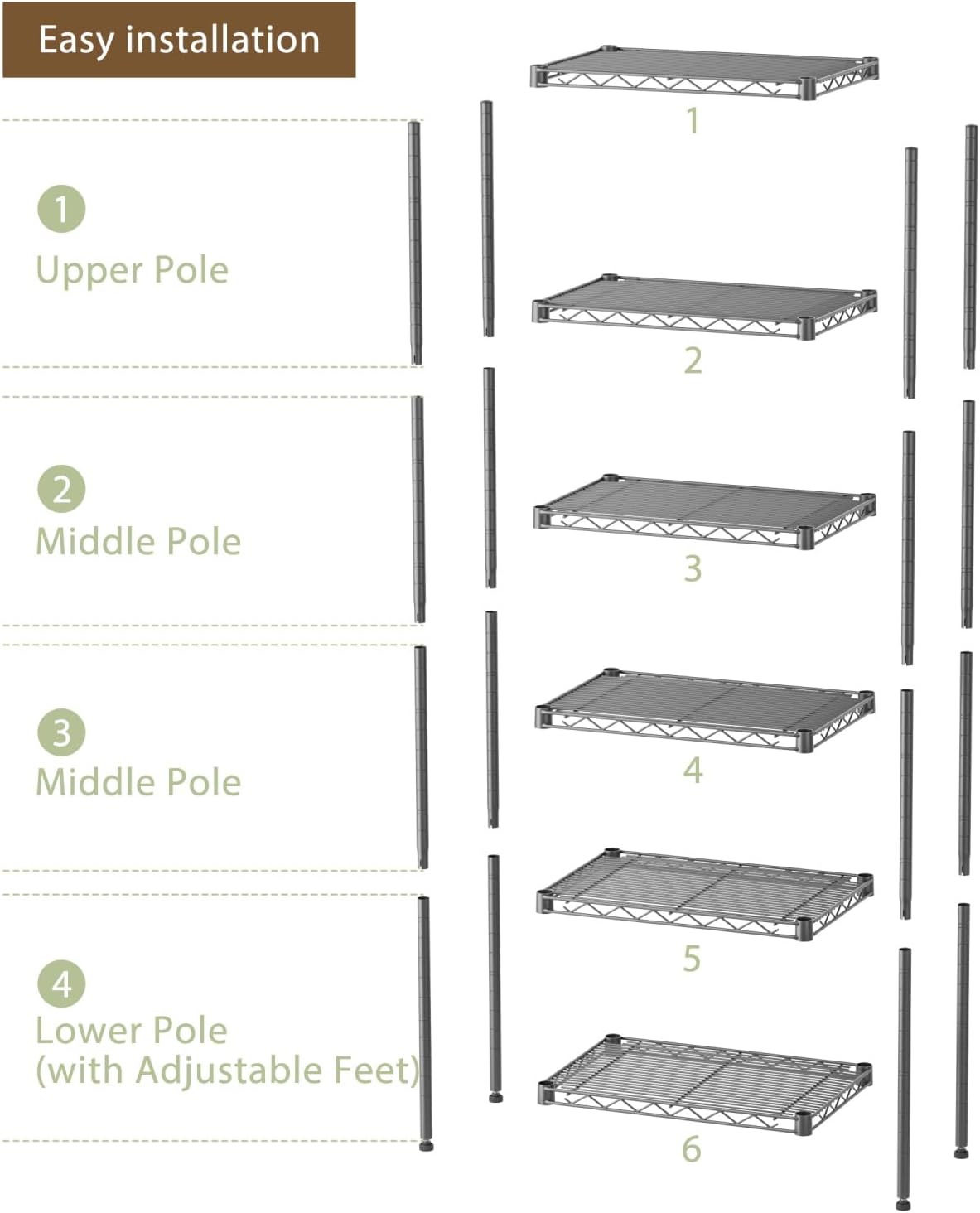 SINGAYE 6 Small Wire Shelves Kitchen Pantry Close Home Organizers and Storage Bathroom Shelf Laundry Room Organization Adjustable Book Metal Garage Shelving Unit