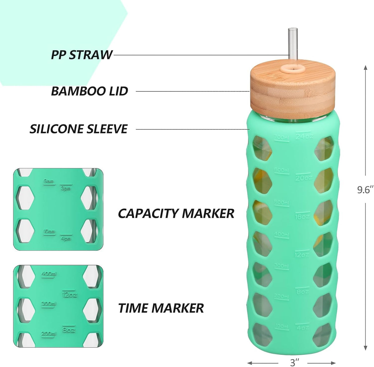 MUKOKO Glass Water Bottles, 24oz Glass Tumbler with Straw, Drinking Bottles with 2 Lids-Handle Spout Lid&Bamboo Straw Lid, Motivational Water Bottle with Time Marker and Silicone Sleeve, 1 Pack-Green