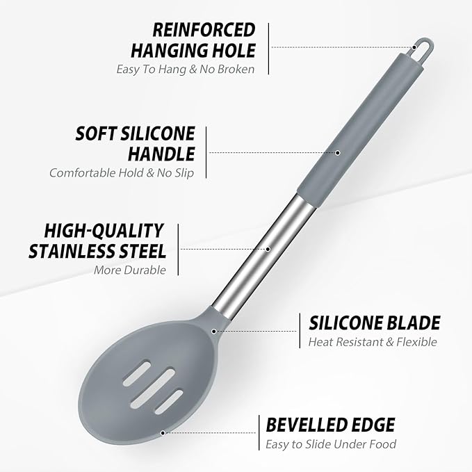 Pack of 2 Large Silicone Cooking Spoons, Non-Stick Stainless Steel Slotted and Solid Spoon Set for Serving, Mixing, Draining, Heat Resistant, Scratch Resistant and BPA Free Kitchen Scoops (Grey)