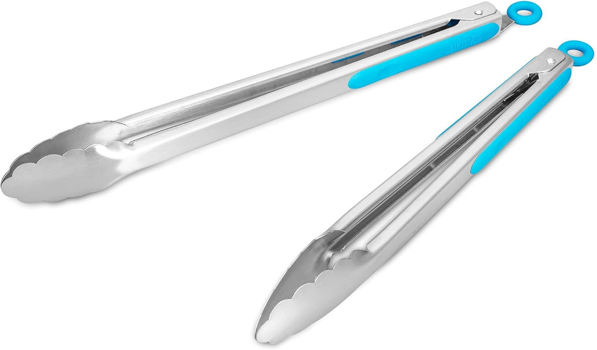 304 Stainless Steel Kitchen Cooking Tongs, 12" and 14" Set of 2 Sturdy Grilling Barbeque Brushed Locking Food Tongs with Ergonomic Grip, Blue