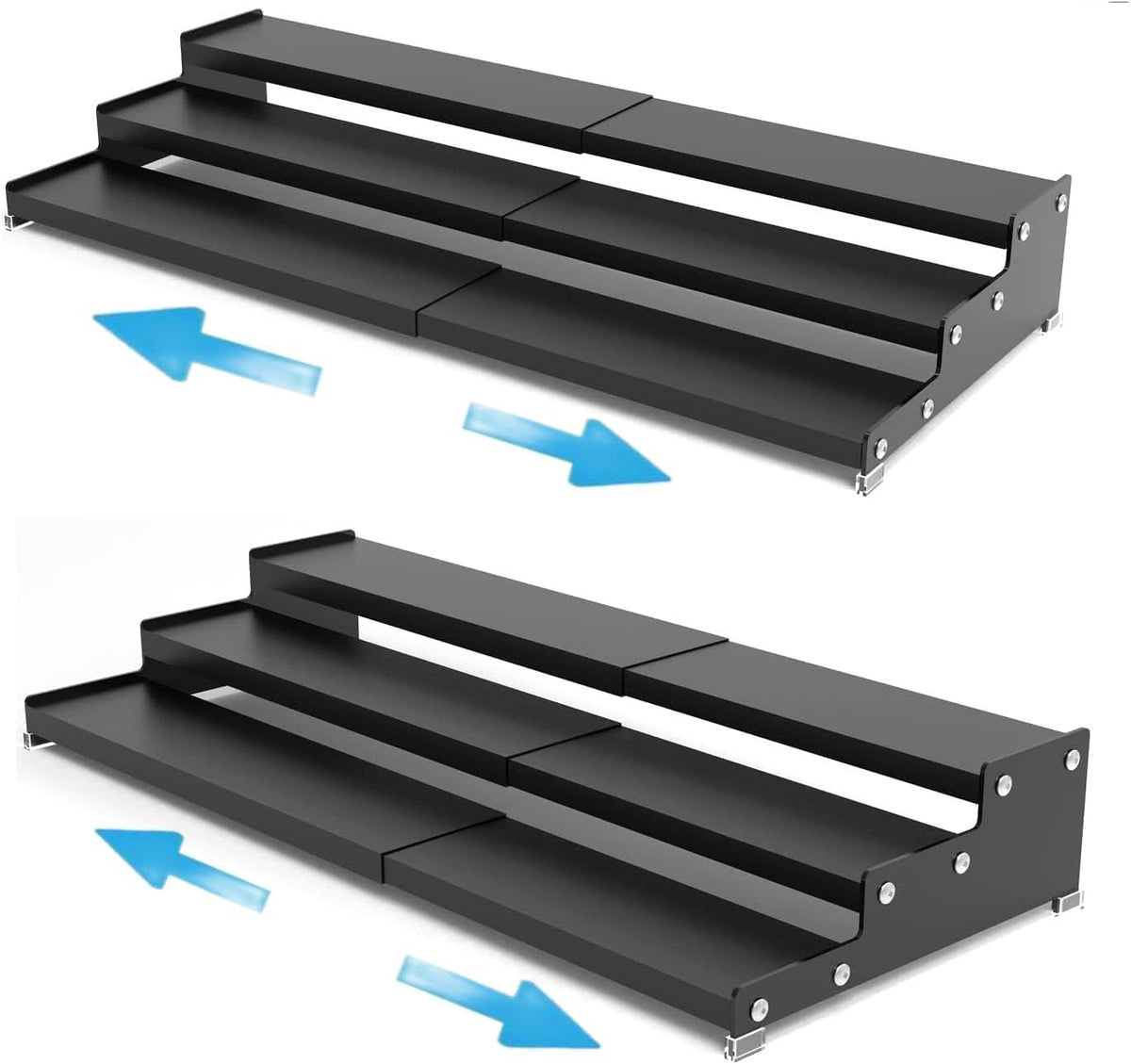 Expandable Spice Rack Storge organizer with 3-Tier step shelf for cabinet,seasoning racks organizion.Great for Kitchen countertop shelves,Pantry and more(2packs/Black)