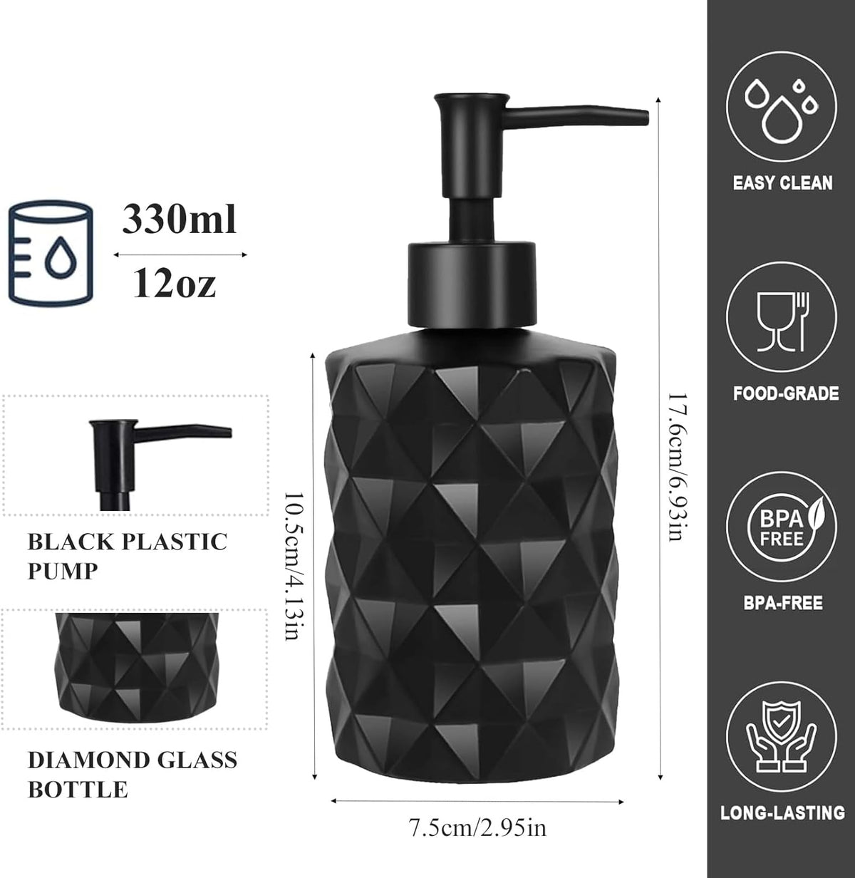 12Oz Small Glass Soap Dispenser with Black Plastic Pump, Black Refillable Kitchen Countertop Liquid Hand Soap Dispensers with Diamond Design, Crystal Bathroom Lotion Bottle for Dispense Dish Soap