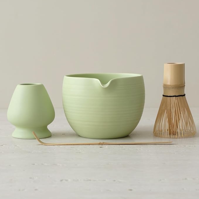 Matcha Whisk Set, Ceramic Matcha Bowl & Whisk Holder, Bamboo Accessory, Modern Design (Mint Green, Pouring Spout)