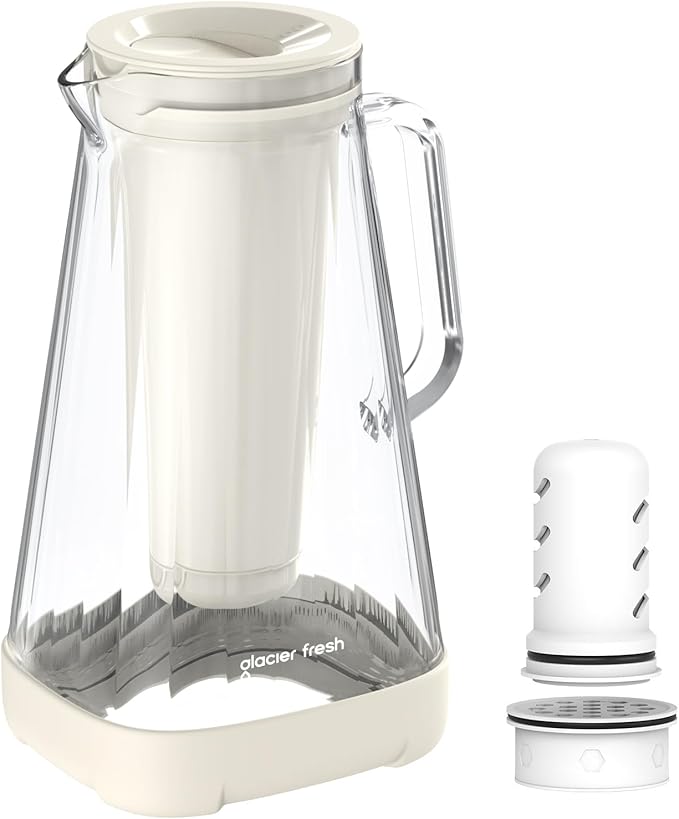 GLACIER FRESH 10 Cup Purela Glass Water Pitcher with 1 Ultrafiltration Membrane and Activated Carbon Filter, Reduces 99% Chlorine, PFOA&PFOS, Coliforms, White