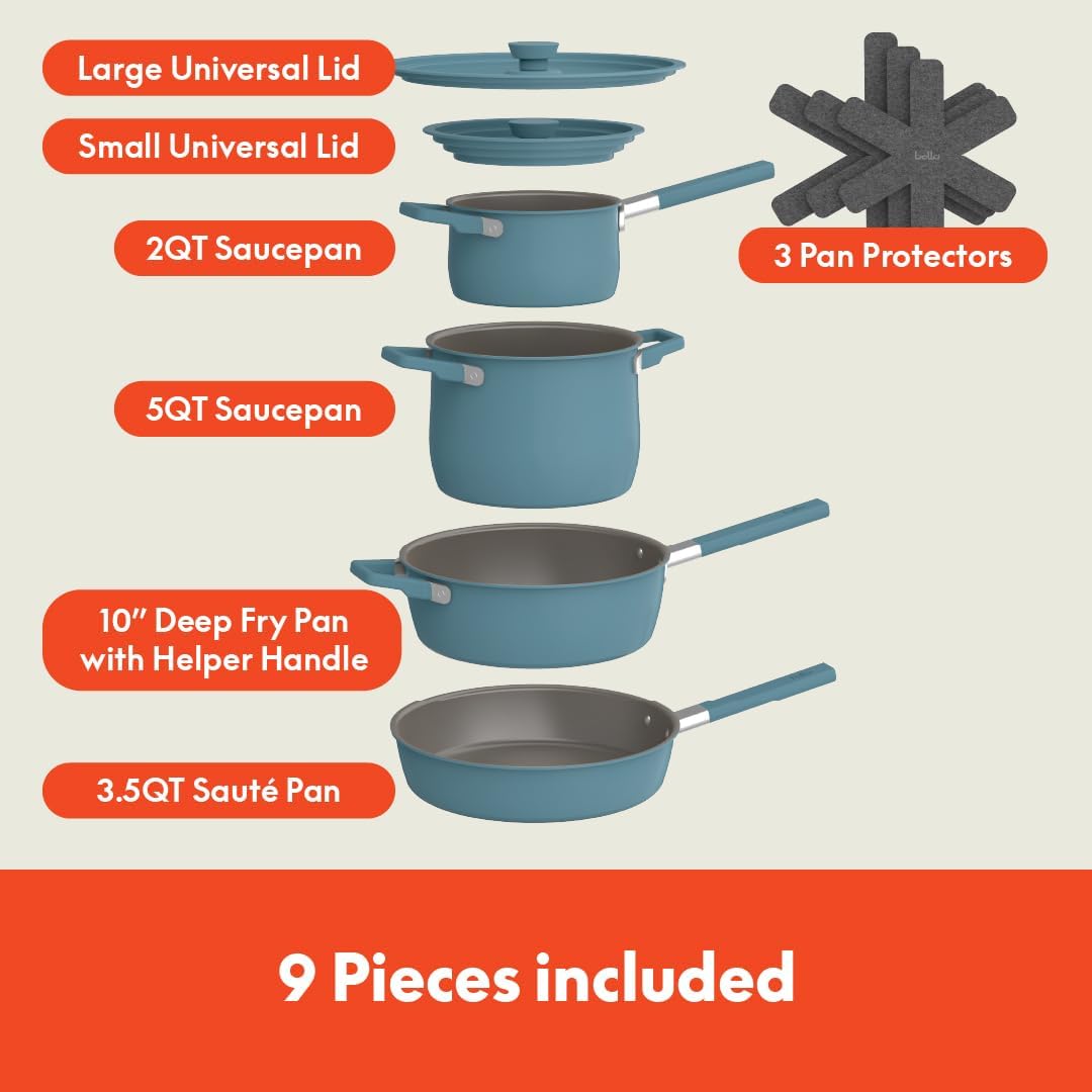 bella 9 Piece Ceramic Nonstick Cookware Set, Fits-anywhere™ Kitchenware w EverGood™ Coating, Dishwasher & Oven Safe, All Stovetops Compatible, Stackable Design, Cool Touch Handles, Surf