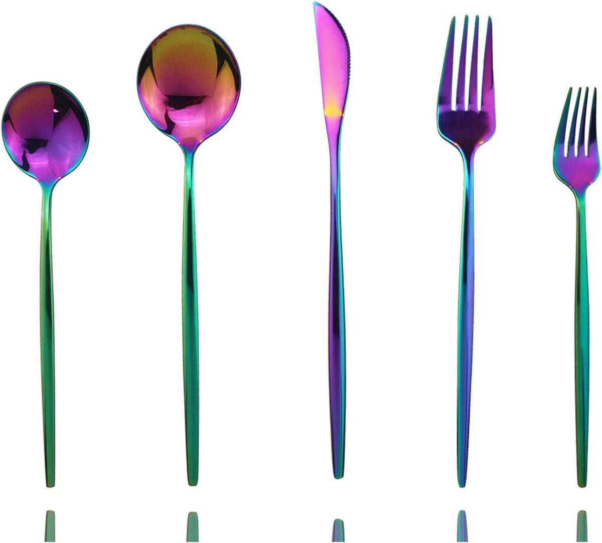 JASHII Shiny Rainbow Silverware Set, 30-Piece Stainless Steel Satin Finish Flatware, Kitchen Utensils, Mirror Polished Tableware Cutlery for Home and Restaurant, Dishwasher Safe