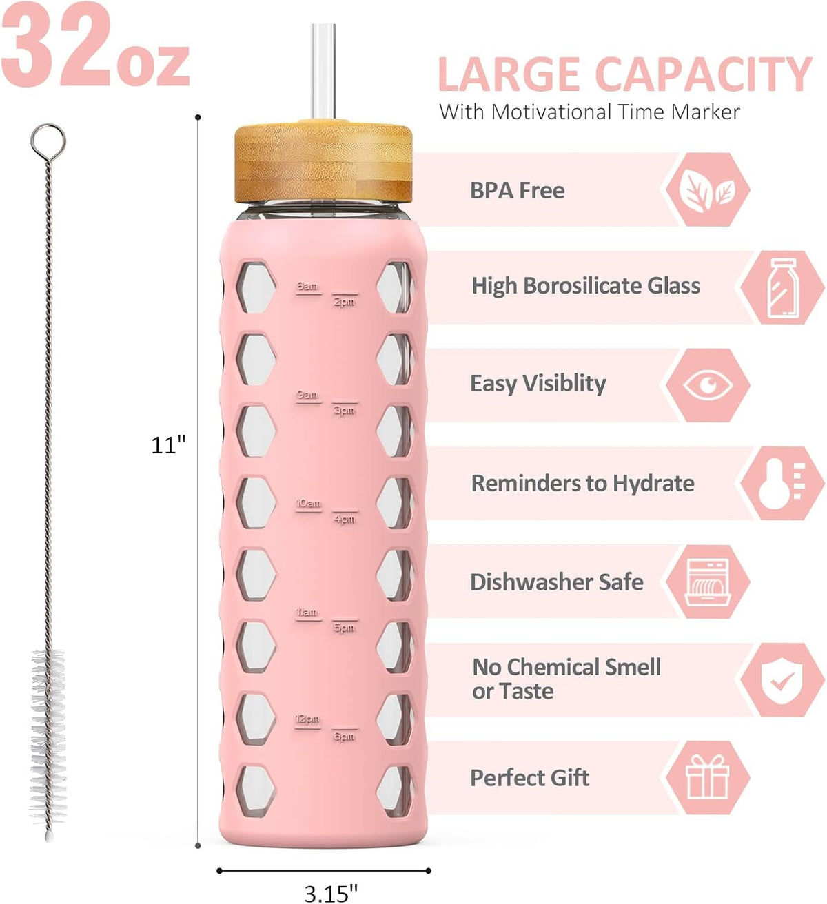 MUKOKO 32oz Glass Water Bottles with 2 Lids-Handle Spout Lid&Bamboo Straw Lid, Motivational Water Tumbler with Time Marker Reminder and Silicone Sleeve, Leakproof-Pink-1 Pack