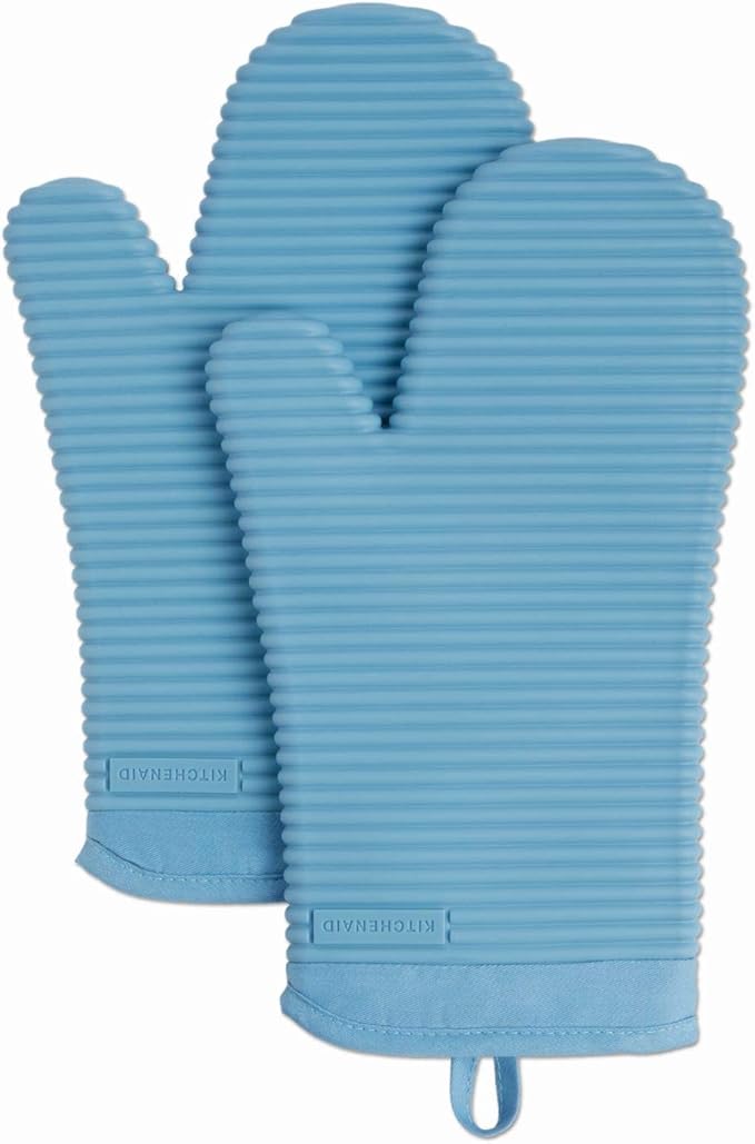 KITCHENAID Ribbed Soft Silicone Oven Mitt 2-Pack Set, 7.5"x13", Blue Velvet