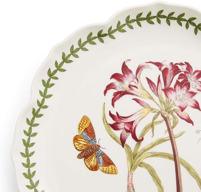 Portmeirion Botanic Garden Lotus Dinner Plate, Mexican Lily - Decorative Porcelain Dish with Butterfly Motif, 11.25" Scalloped Rim Shape for Dining or Display - Microwave, Oven & Dishwasher Safe