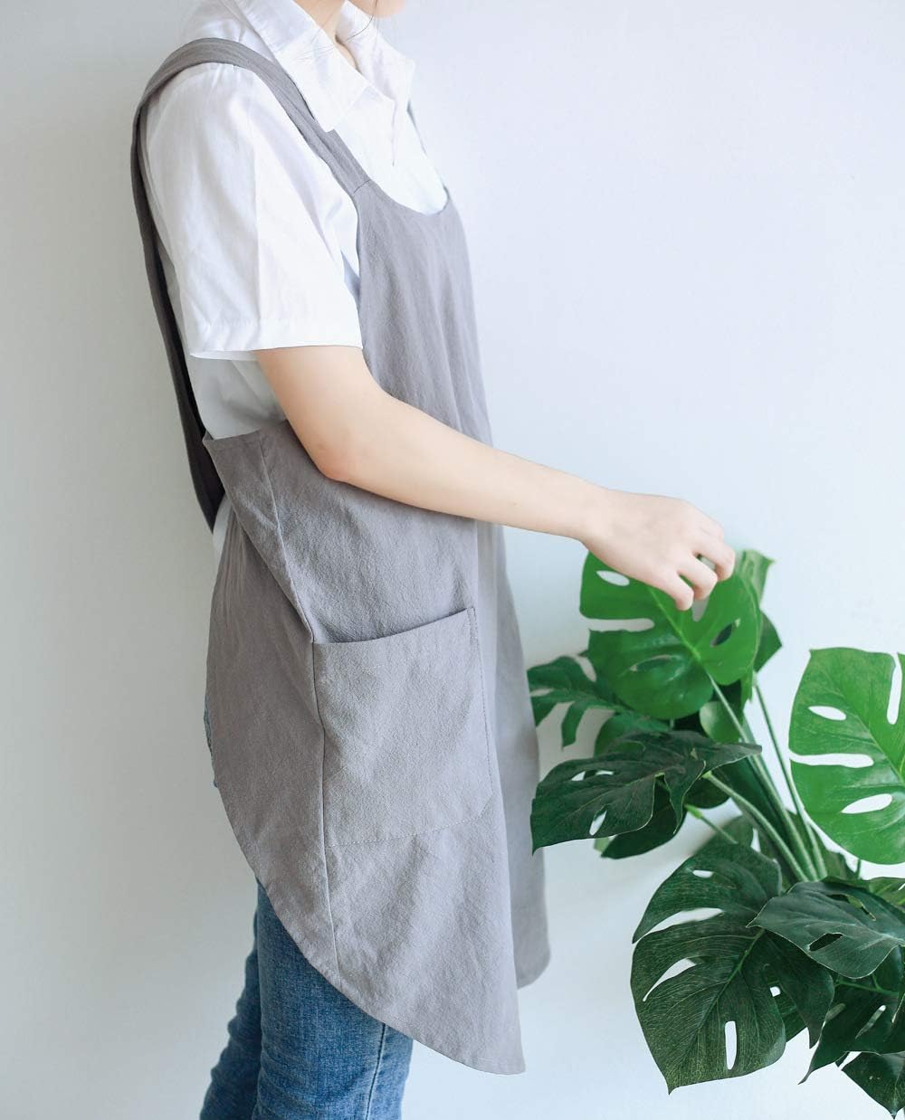 NEWGEM Japanese Linen Cross Back Cooking Aprons for Women Men with Pockets Cute for Baking Kitchen