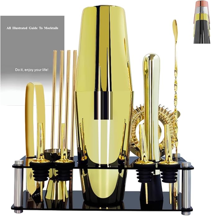 Professional Cocktail Shaker Set with Stand Cocktail Recipes, 15-Piece 750/600ml Bartender Kit, Bar Sets Bartending Kit Bar Tool Set 25/20oz Boston Shakers, Jigger, Muddler (Gold)