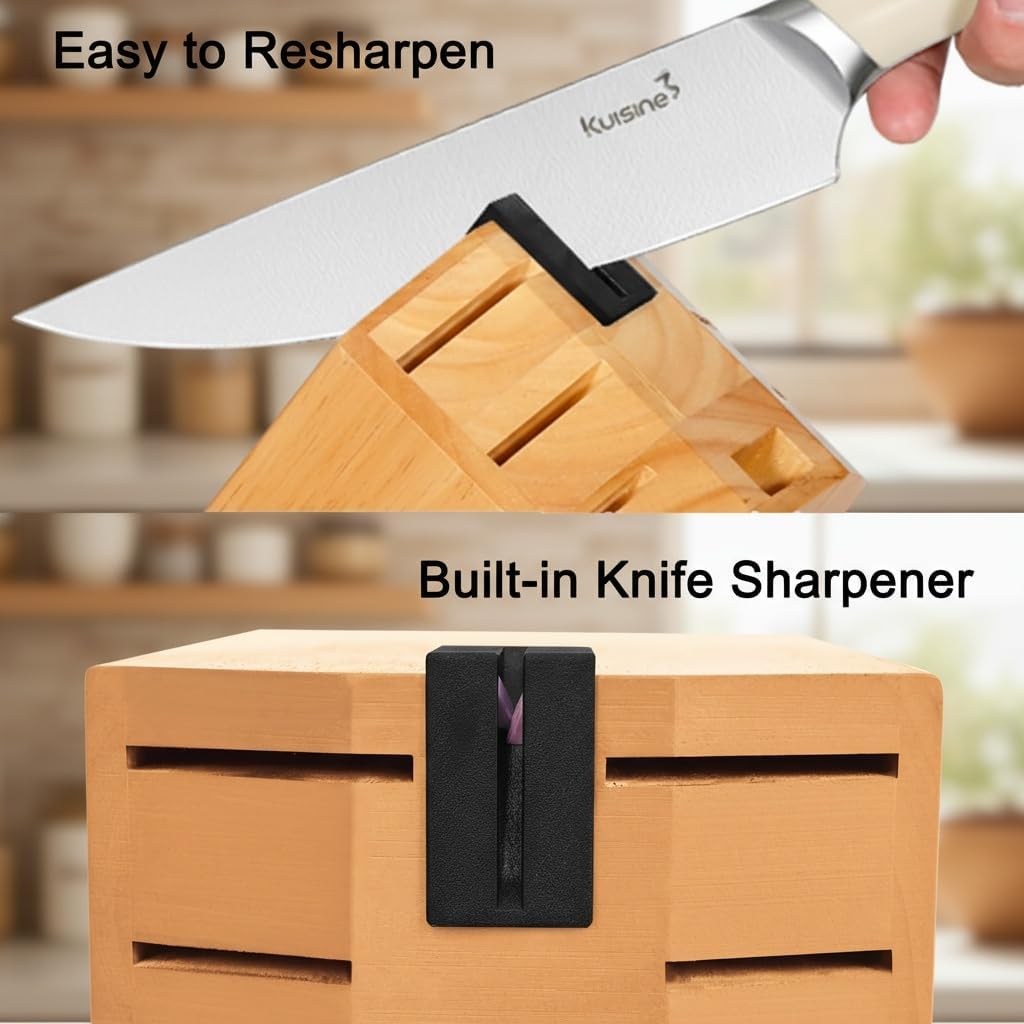 KUISINE Knife Set High Carbon Stainless Steel Super Sharp Blade Ergonomic Rivet Handle,Knife Block Set with Built-in Sharpener(Ivory Acacia Pro 15PCS)