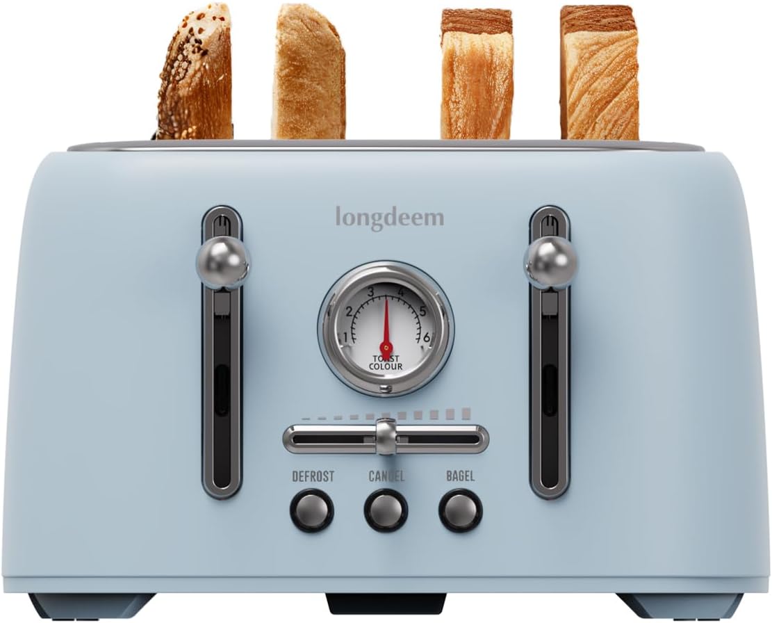 4-Slice Toaster with 1.6" Extra-Wide Slots, 6-Level Browning Control & Bagel/Defrost, Removable Crumb Tray, Auto Shutoff Stainless Steel Toaster Oven, Blue