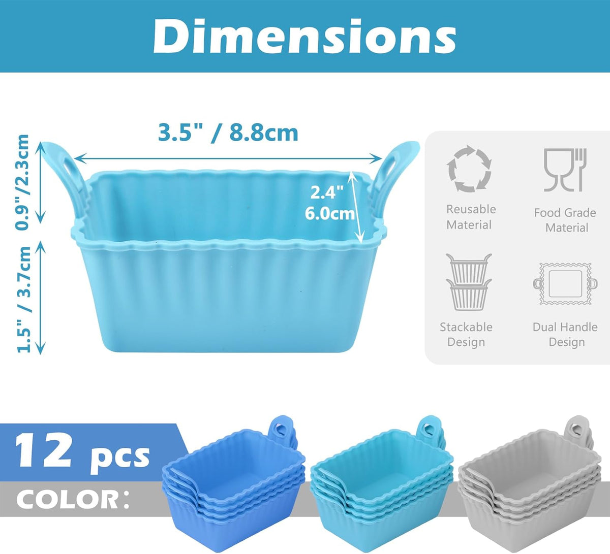 Koluti Nonstick Silicone Muffin Baking Cups Pack of 12, Reusable Cupcake Molds with Double Handle, BPA Free, Mini Rectangle Air Fryer Cupcakes Liner, 3 Colors