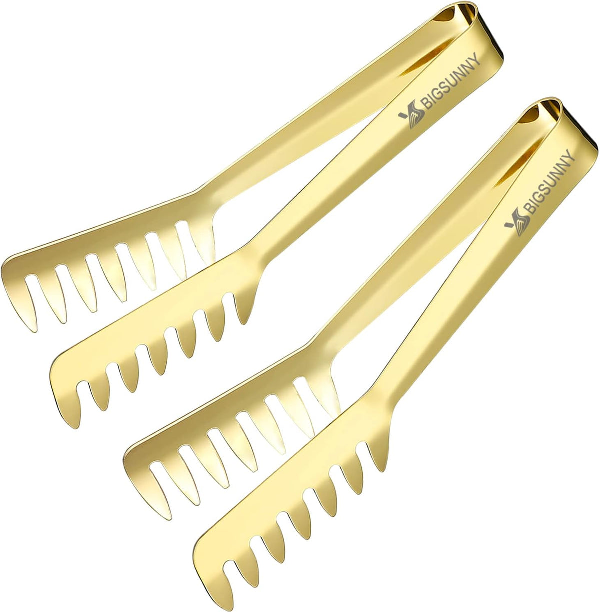 MSY BIGSUNNY 8 Inch Stainless Steel Pasta Tongs, Spaghetti Tongs with Teeth, Serving Tongs for Noodles, Spaghetti, Cooking (Set of 2, Shiny Gold)