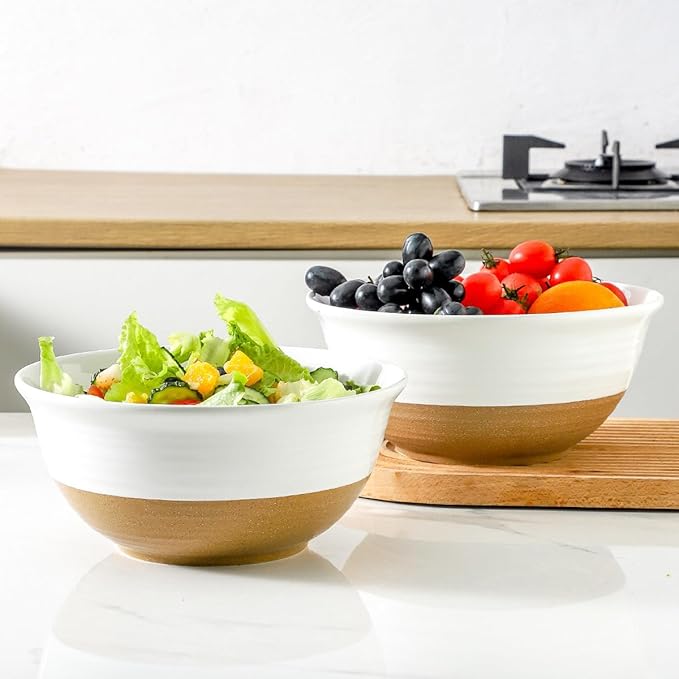 Hasense Serving Bowls, 9 Inch Ceramic Salad Dish for Kitchen, 84 Ounce Large Mixing Bowls for Cooking, Side Dishes, Baking, Popcorn, White Serving Dishes Set of 2, Dishwasher Microwave Safe
