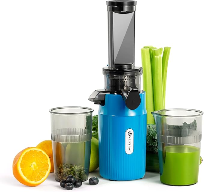 Ventray Ginnie Mini Cold Press Juicer, Small Slow Masticating Juicer for Vegetables and Fruits, High Juice Yield, Easy to Clean, Space-Saving, Fit for Personal/Travel/Picnic/Office - Blue