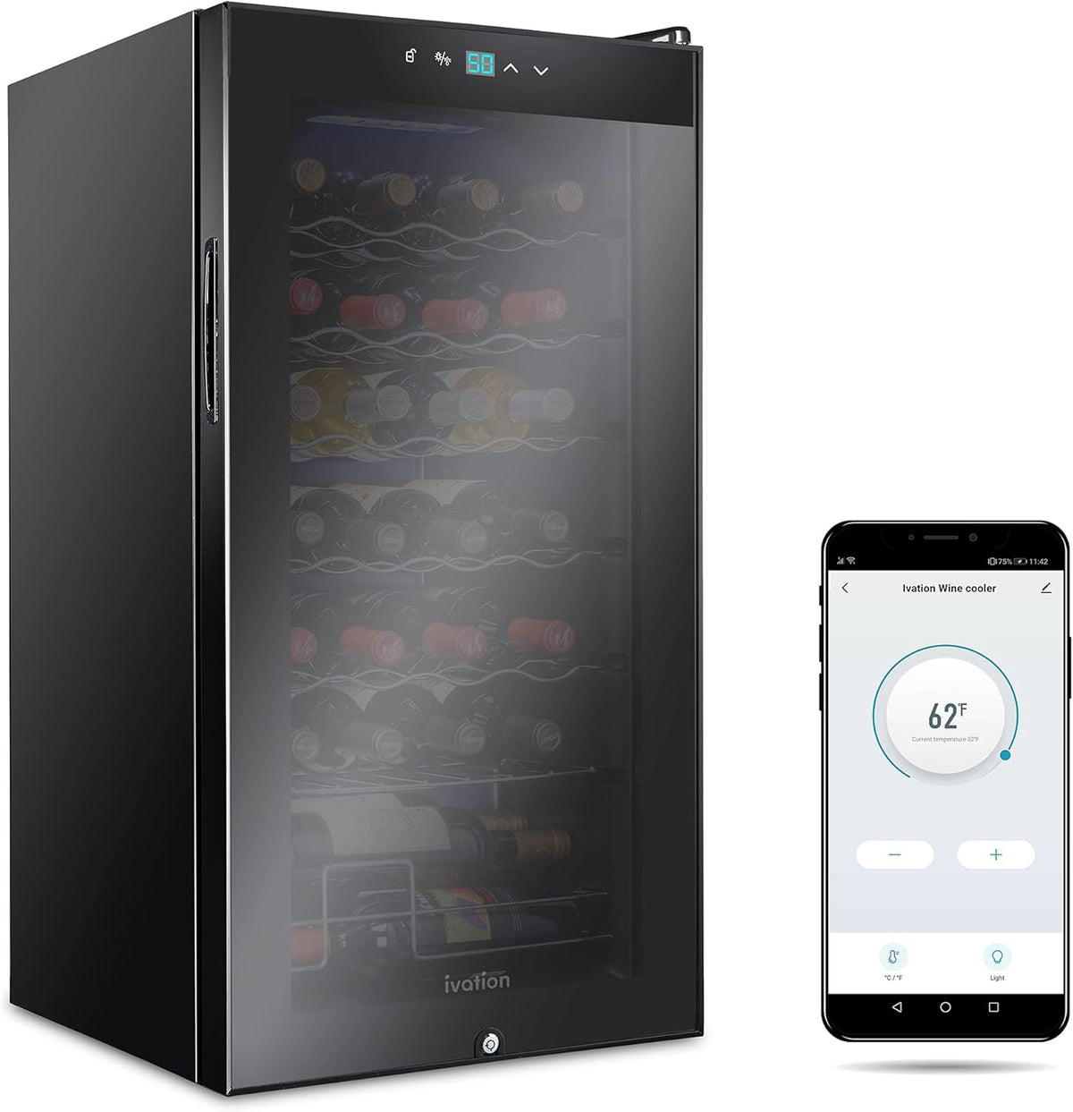 Ivation 28 Bottle Compressor Wine Cooler Refrigerator with Wi-Fi Smart App Control Cooling System | Large Freestanding Wine Cellar Fridge For Red White Champagne or Sparkling, Black Glass Door & Lock