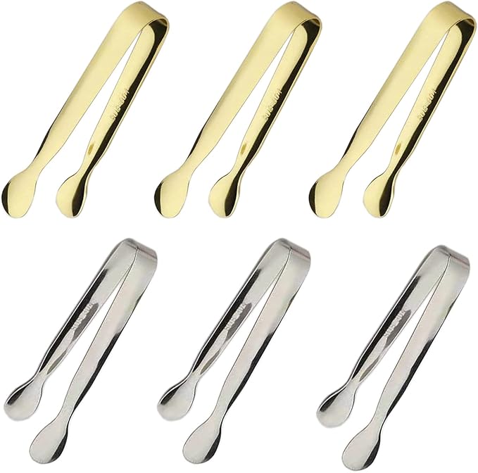 6PCS Ice Tongs Mini Sugar Tongs 4.25Inch Tong for Serving Food Small Serving Tong, Kitchen Tong for Appetizers,Tea Party, Coffee Bar, Desserts by Sunenlyst (Silver and Gold)