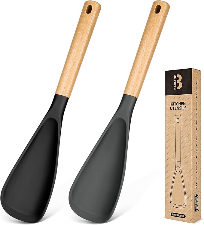 Cooking Spoon for Nonstick Cookwares, Great for Cooking and Serving Sturdy BPA-Free Matte Silicone, Wood Handle Spoon for Mixing, Scoop, and Scrape (Black & Grey, 13.4 inch)