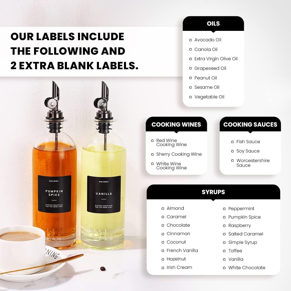 Molimoli Oil and Vinegar Dispenser with Metal Pour Spout, Weighted Pourer, Glass Bottle Dispenser for Kitchen, Olive Oil Cruet, Glass Olive Oil Bottle | 500ml, Set of 2