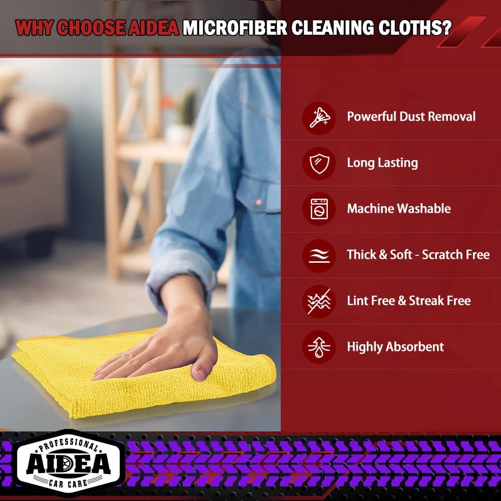 AIDEA Microfiber Cleaning Cloth, 10PK, Microfiber Towels for Cars, Premium All Purpose Car Cloths, Dusting Cloth Cleaning Rags, Absorbent Towels for SUVs, House, Kitchen, Window, 12"×12", Yellow