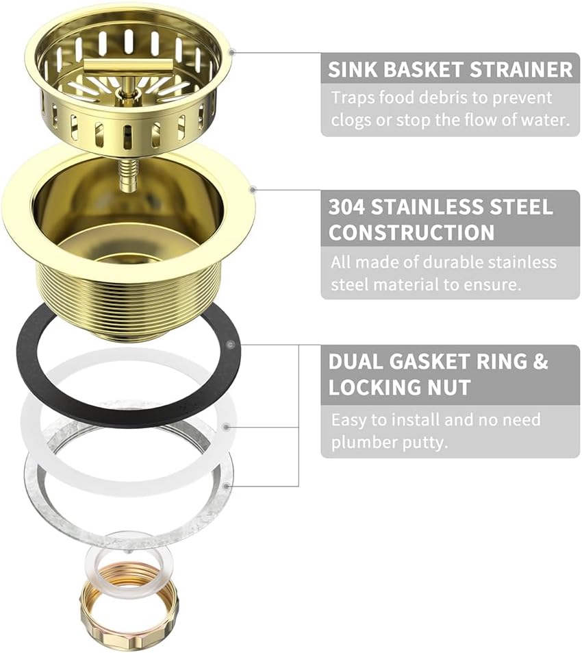 KONE 3-1/2 Inch Kitchen Sink Drain Assembly Stainless Steel Gold Kit with Strainer Basket/Rubber Stopper, Rustproof Durable Gold Finish Replacement for Standard Commercial Sink Drains