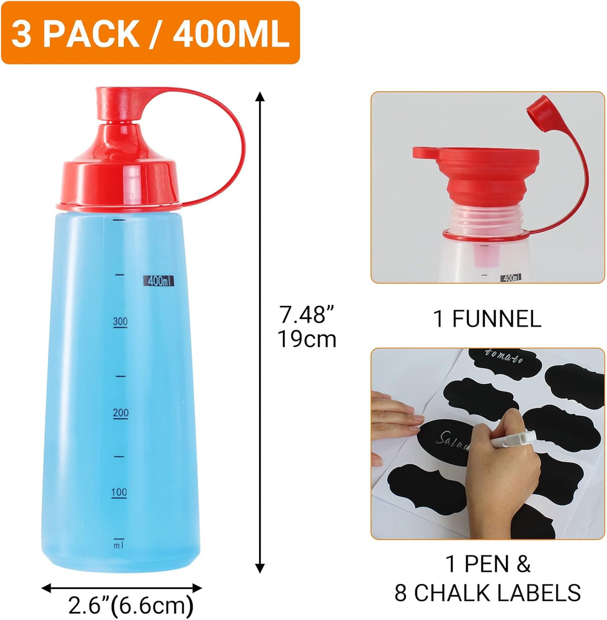 3 Pack 400ml/14 oz Wide Mouth Condiment Squeeze Bottles for Thick Sauce, Plastic Sauce Bottles with Cap Lids - Perfect for Condiments, Honey, Catsup, Icing, Salad
