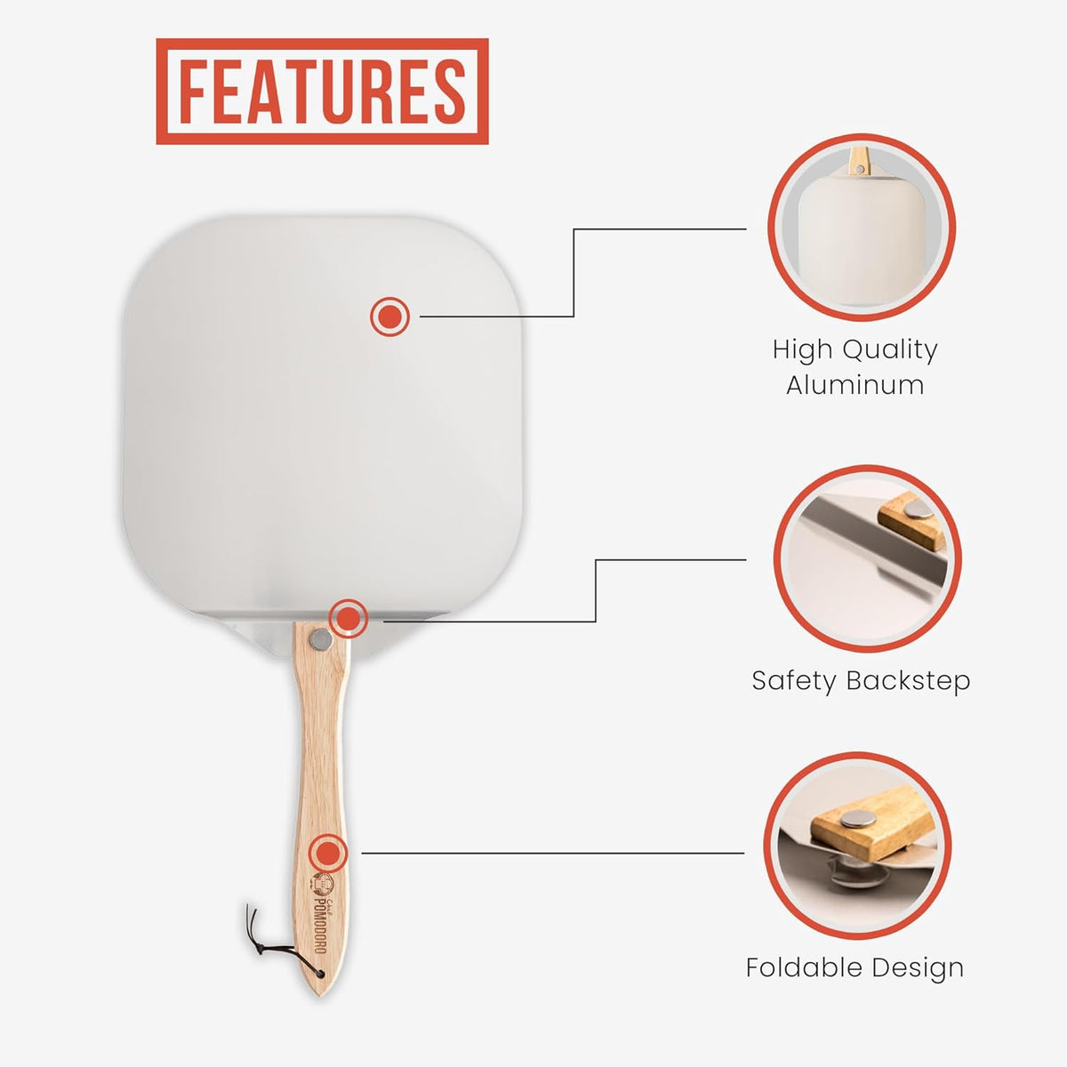 Chef Pomodoro Pizza Peel 16 inch, Pizza Spatula with Foldabe Wood Handle for Easy Storage, Pizza Accessory for Homemade Pizza