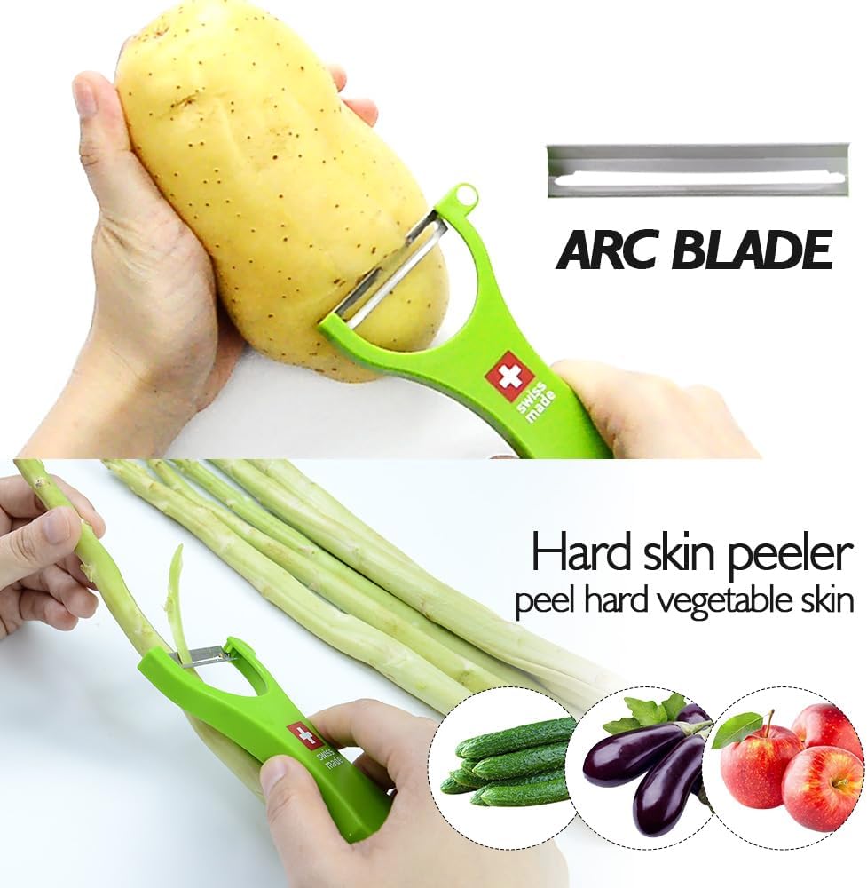 Swiss Peeler Vegetable & Potato Peelers for Kitchen, Original Swiss Made Ergonomic Kitchen Peelers for Effortless Prep - Pack of 3 (Green + Orange + Red)