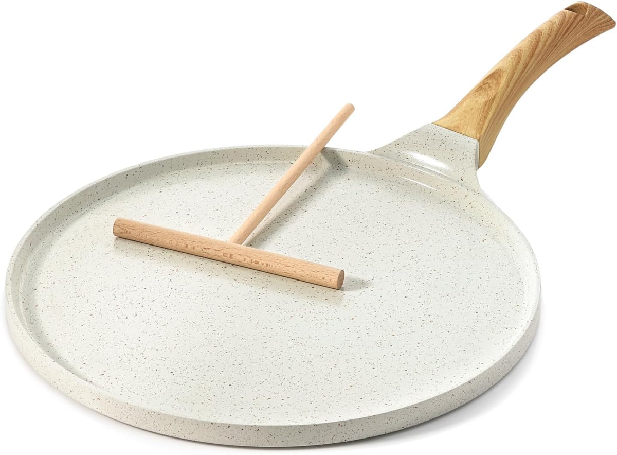 SENSARTE Nonstick Crepe Pan with Spreader, 10-Inch Natural Ceramic Coating Dosa Pan Pancake Flat Skillet Tawa Griddle with Stay-Cool Handle, Induction Compatible (White)