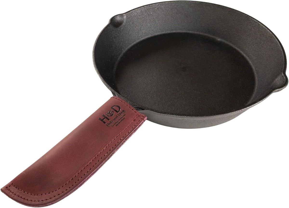 Hide & Drink, Hot Handle, Cast Iron Protector, Panhandle Potholder, Double Layered, Double Stitched, Slides On/Off Easily onto Metal Skillet Grips, Full Grain Leather, Handmade, Sangria