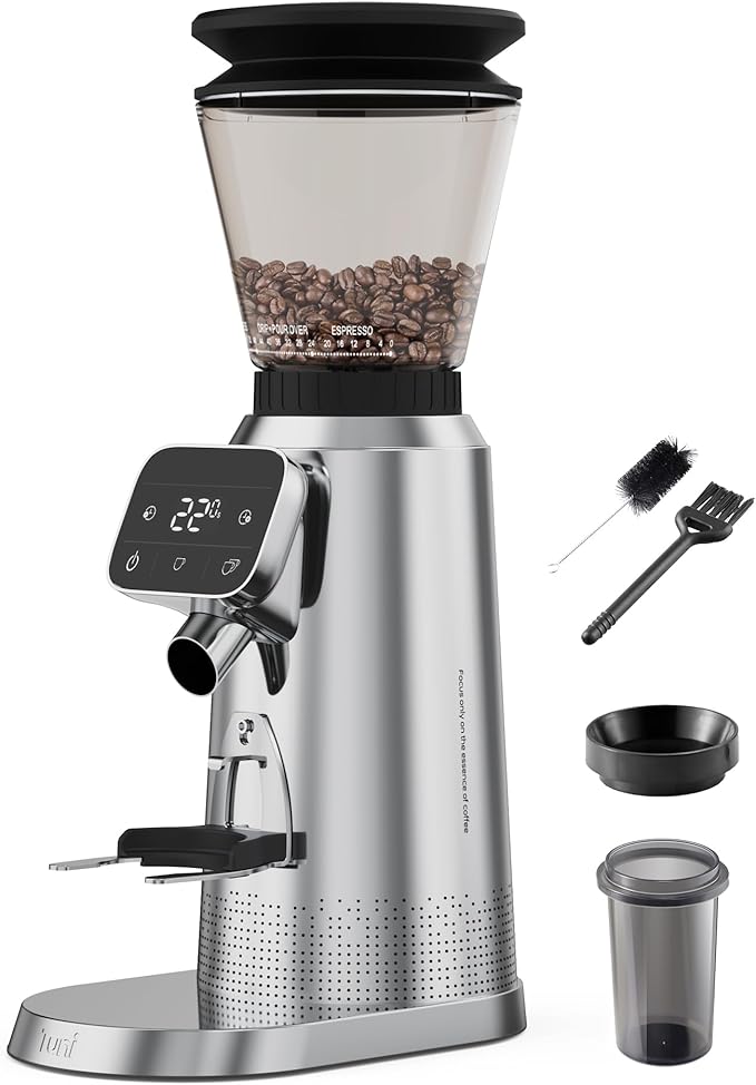 Tuni G2 Conical Burr Coffee Grinder, 70 Grind Settings Anti-static Burr Mill, Precision Electronic Timer and LED Touchscreen for Espresso/Drip/Cold Brew/French Press, Stainless Steel