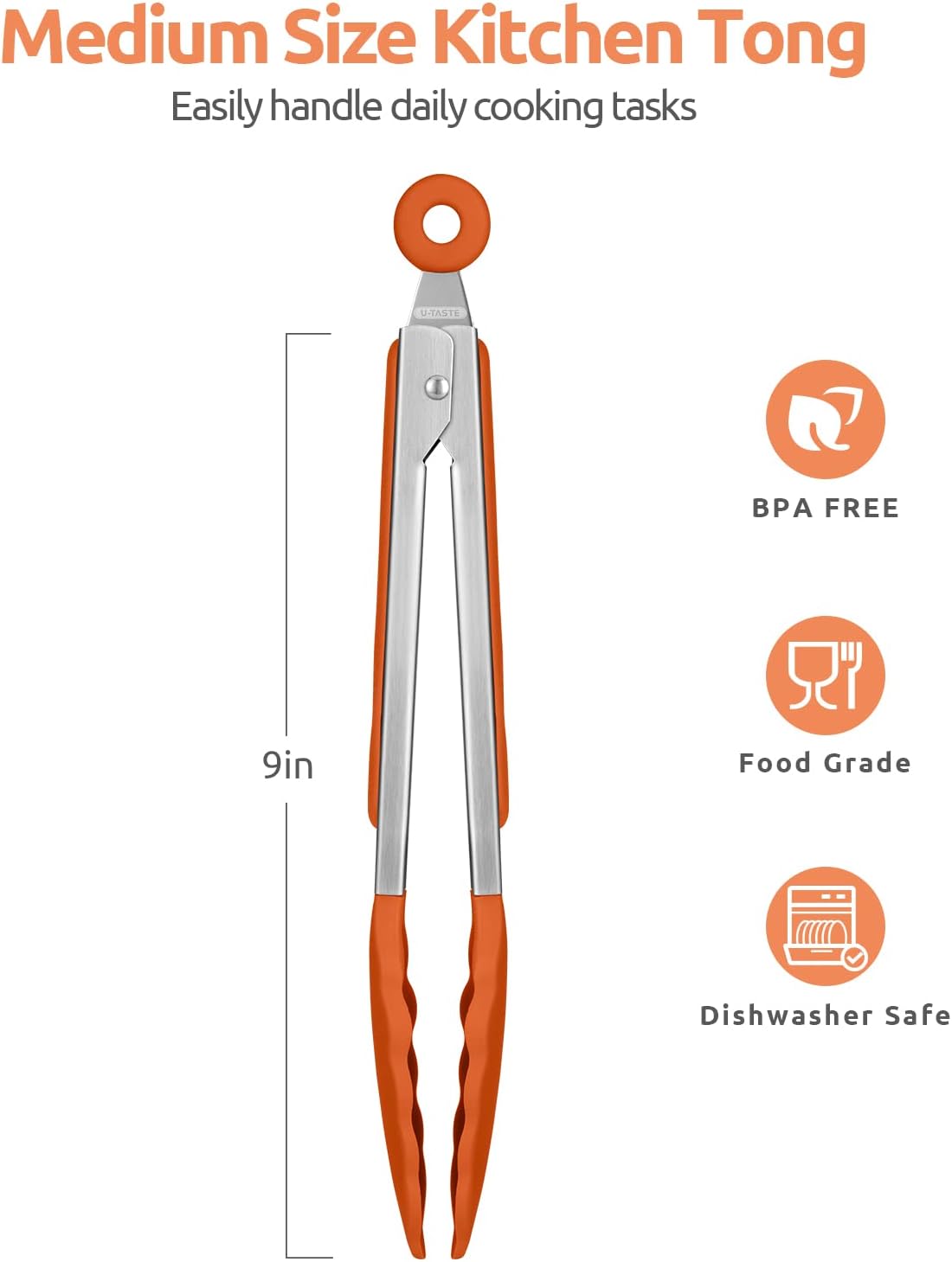 Heat Resistant Silicone Kitchen Tong: U-Taste 9 inch 480ºF Hot Proof Cooking Tong with Firm Sealed Non Stick Rubber Tips & Silicon Coated Steel Handle & Smooth Locking for Serving Grill Salad (Orange)