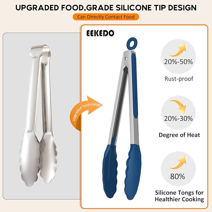 Kitchen Tongs, Set of 3 Stainless Steel Tongs with Silicone Tips Locking Cooking Tongs 600ºF Heat Resistant Tong for Cooking BBQ Grilling Air Fryer Serving Food Salads, 7"+9"+12" Classic Blue