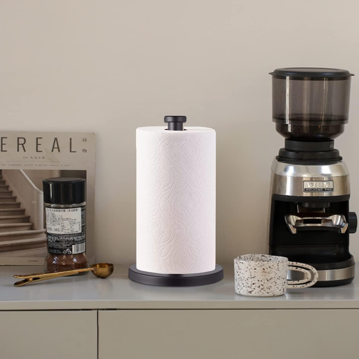 Stainless Steel Paper Towel Holder, Black Countertop for Kitchen Bathroom, Standing with Weighted Base