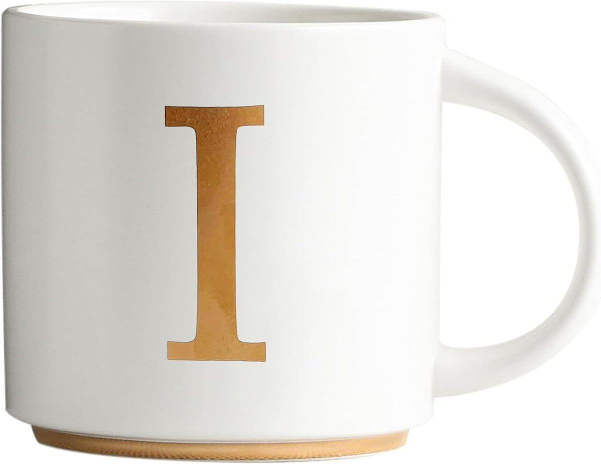 COLLECTIVE HOME - Monogram Ceramic Mugs, 15 oz Golden Initial Coffee Cups, Elegant Alphabet Tea Mugs, Elegant Personalized Mug with Gift Box, Unique Mug with Double Side Capital Letter (I)