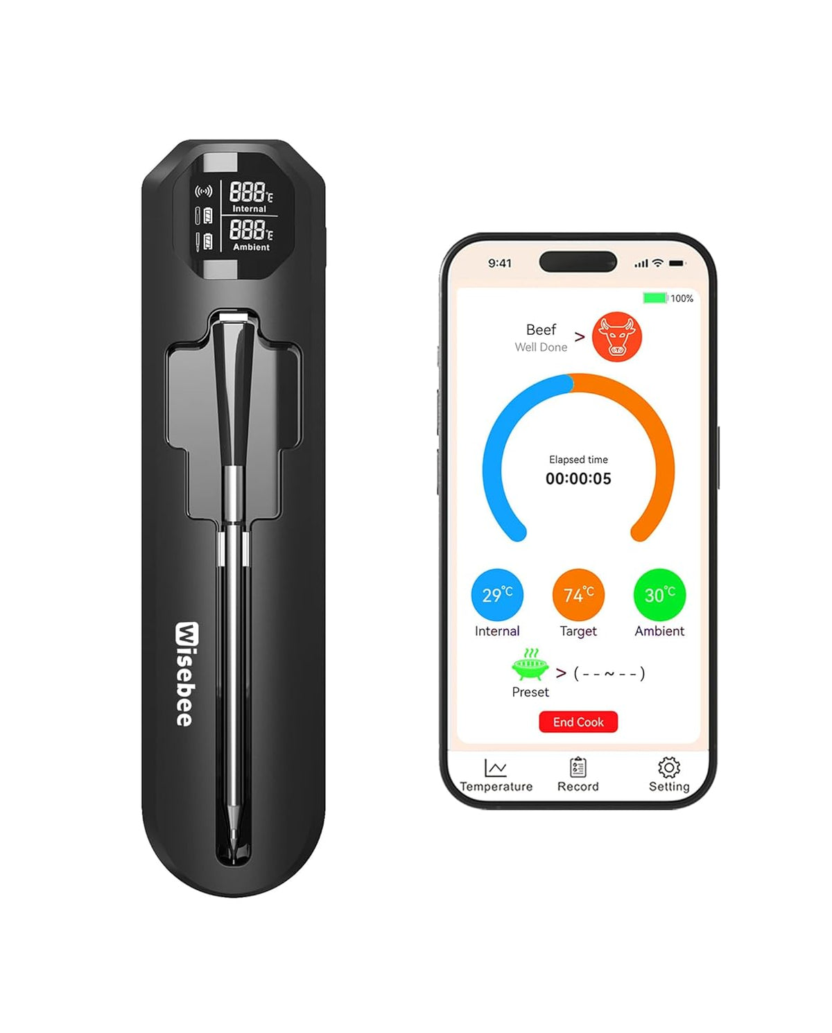 Wisebee Meat Thermometer Digital Wireless,328FT Smart Bluetooth Probe Waterproof Thermometer with Remote Monitoring| Real-Time Readings| Rechargeable LCD Booster| Dual Alarm| App Controlled| Cooking