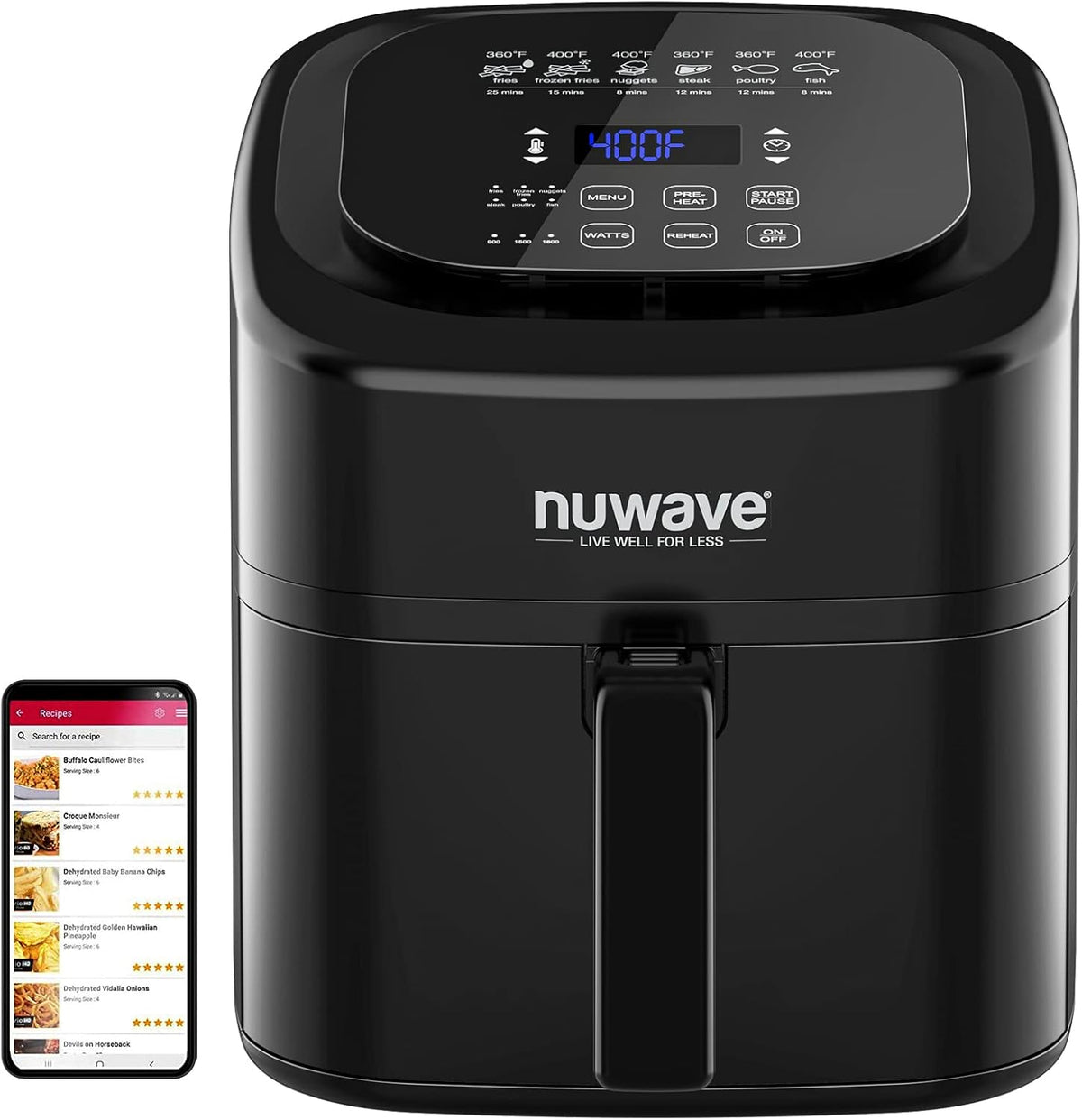 Nuwave 6-quart Brio Healthy Digital Air Fryer with One-Touch Digital Controls, 6 Preset Menu Functions & Removable Divider Insert, Black