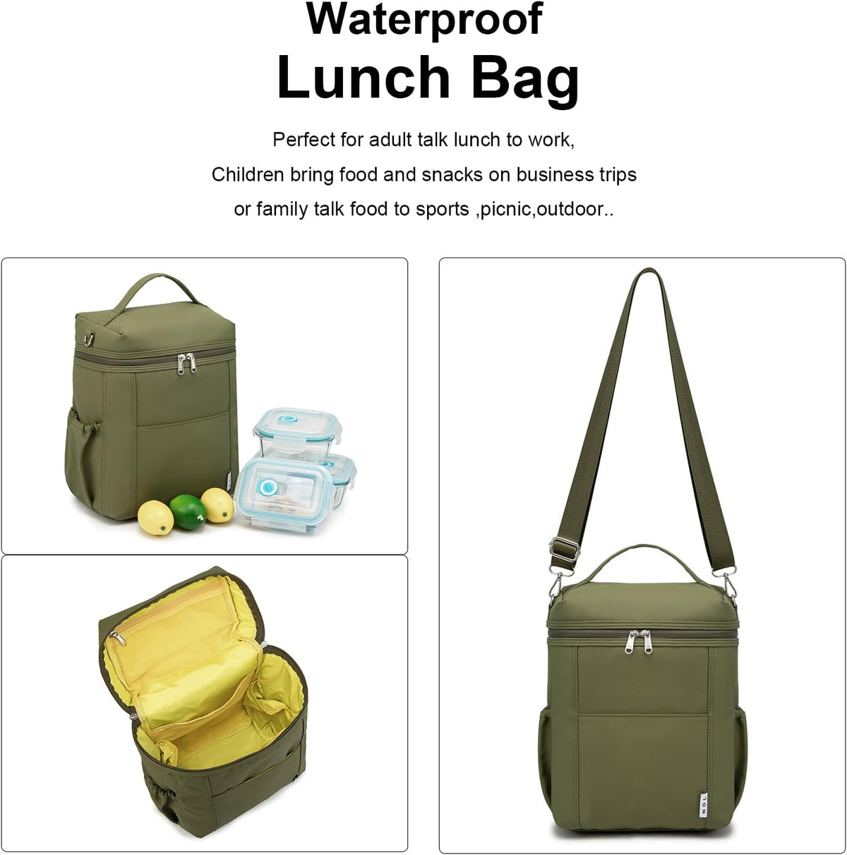 NOL Natural Organic Lifestyle Insulated Lunch Bags for Women Cooler Bag Lightweight Nylon Waterproof Lunch Box For Work (Amy green, Large)