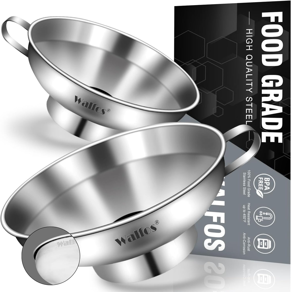 Walfos 2 Pack (4in & 5.5in) Stainless Steel Wide-Mouth Funnel with Handle for Wide and Regular Mason Jars Canning Jars, Wide-Mouth Funnels for Kitchen Use,Transferring Liquid and Dry Ingredients