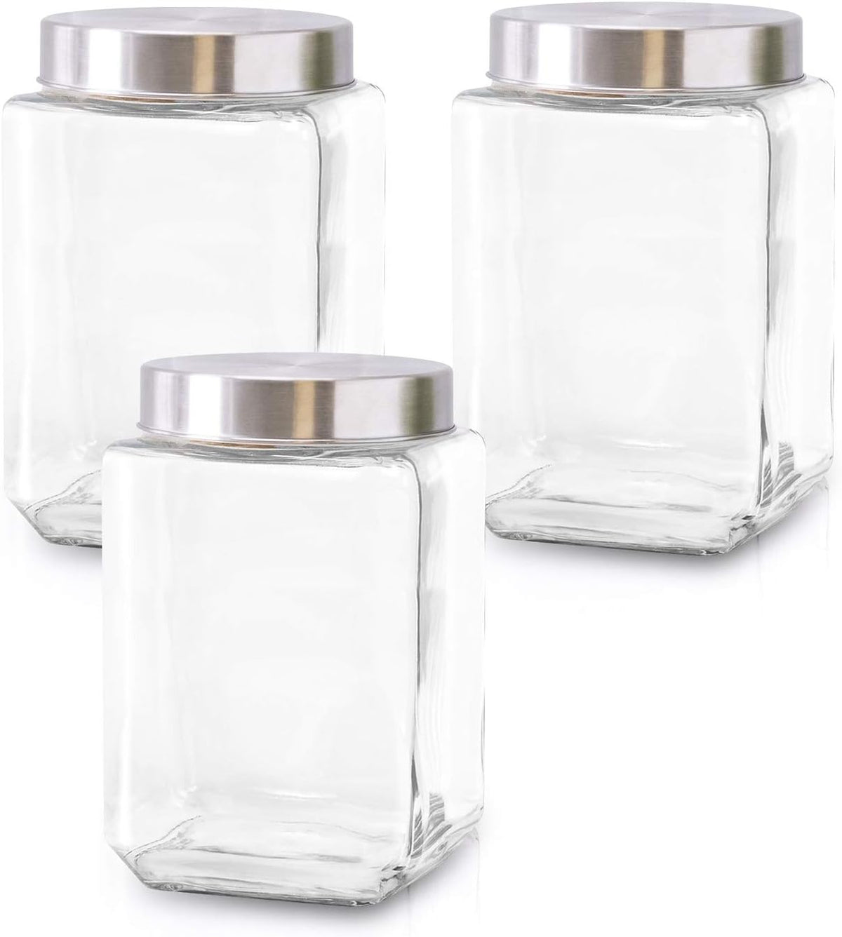 Glass Containers for Kitchen – Set of 3 Food Storage Containers – Storage Jars with Stainless Steel Lids – Suitable for Cookies, Snacks, Coffee – Screw-on Lid – 57oz Capacity